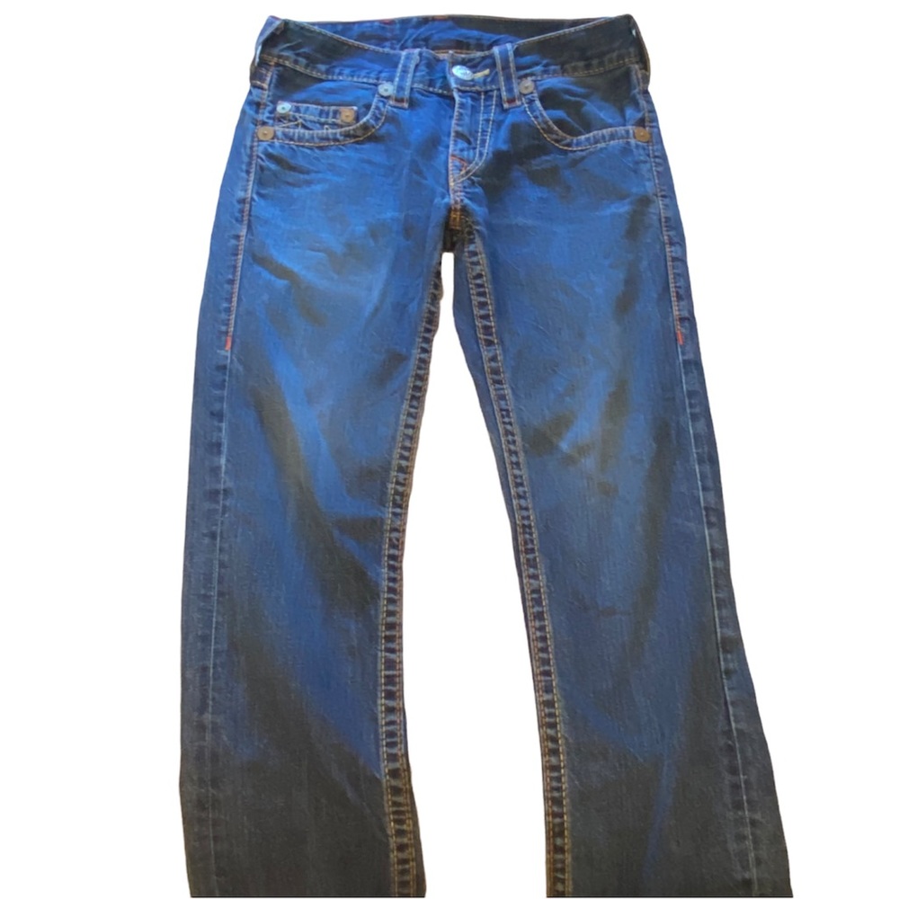True Religion Bobby Big T Blue Jeans (Orange/Yellow Stitching)
